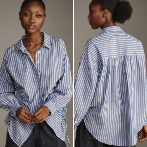 Anthropologie Pilcro Reworked Ruched Blue Pin Striped Button Down Shirt Medium - Picture 9 of 11